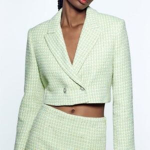 Zara Light Green Tweed Cropped Blazer